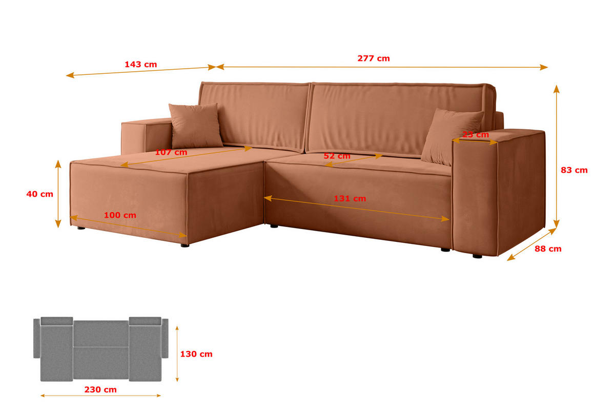 ECKSOFA mit Schlaffunktion und Bettkasten CELTIC-XL - 277x143x83 cm Koralle Velours - Koralle/Schwarz, Holzwerkstoff/Kunststoff (277/143cm) - ALTDECOR