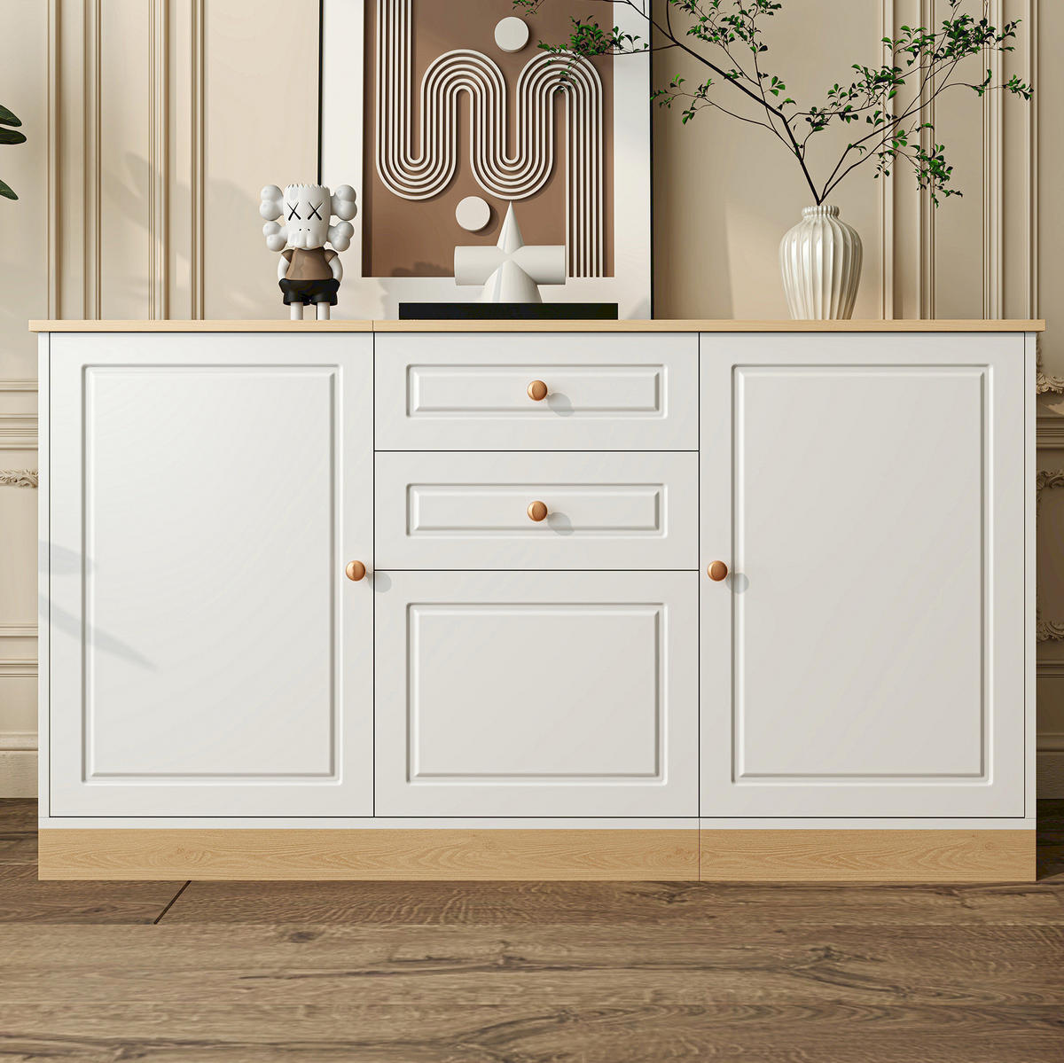 SIDEBOARD 135.5/39/76 cm Weiß und Holzfarbe aus Holzwerkstoff mit 3 Türen und 2 Schubladen - Weiß, Holzwerkstoff (39/76/135.5cm) - OKMYHOME