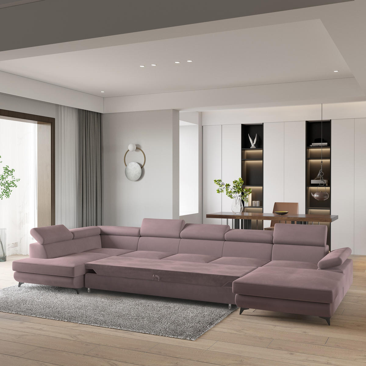 WOHNLANDSCHAFT MONTIVA Lila Velours-Stoff mit Schlaffunktion - Lila, Holz (410/89/190cm) - MASSENO