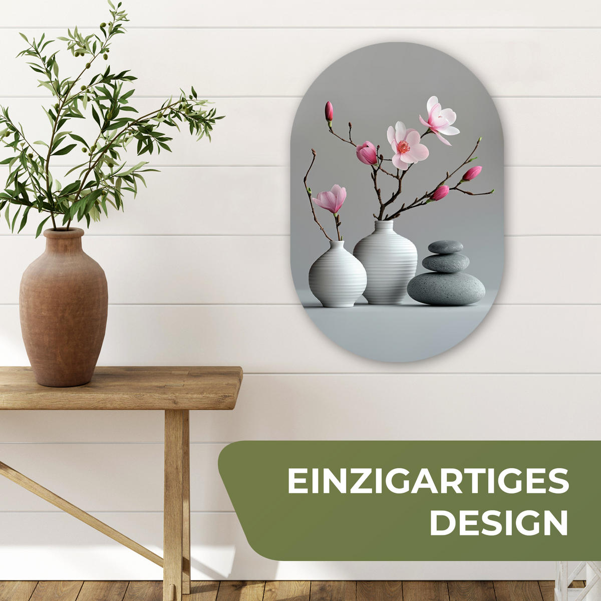 WANDBILD Magnolie - Blumen - Rosa - Zen-Steine 40x60 cm - Hellgrau, Kunststoff (40/60cm) - MuchoWow