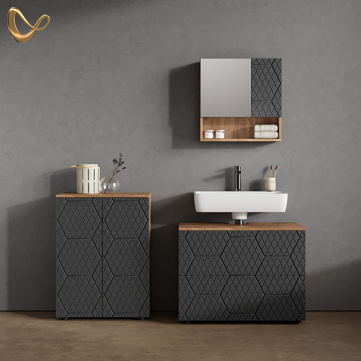MIDISCHRANK Ronco Anthrazit gestreift 60 x 81 cm - Anthrazit/Eiche Wotan, Holzwerkstoff (60/81/30cm) - Livinity®
