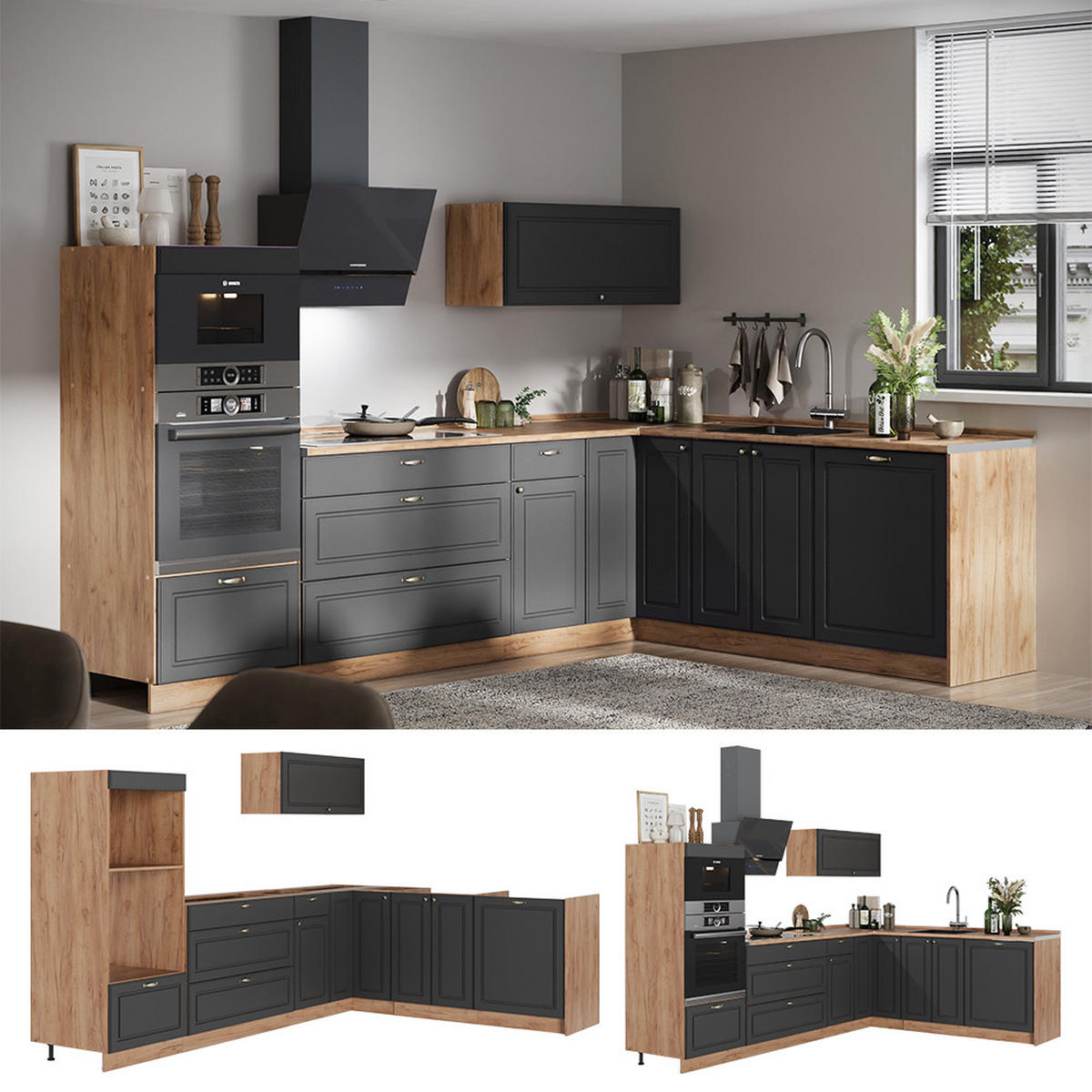ECKKÜCHE Fame-Line, Anthrazit-Gold Landhaus/Goldkraft Eiche, 287 x 207 cm, AP Anthrazit - Honigeiche/Anthrazit, Holzwerkstoff (287/153.6/60cm) - Vicco