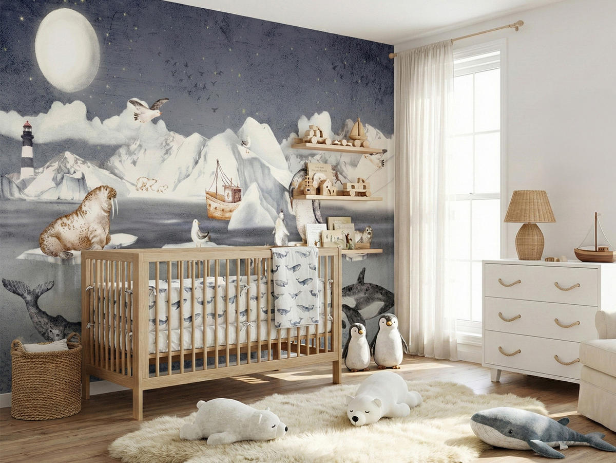 FOTOTAPETE für Kinderzimmer Arktische Tiere Pinguine Robben Mond Gebirge 400x280 - Orange/Weiß, Papier (400/280cm) - Muralo