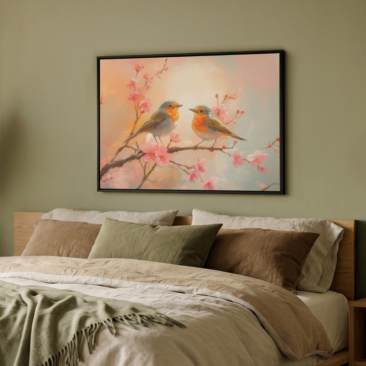 LEINWAND Bilder mit Rahmen - Rotkehlchen - Zierpflanze - Blütenzweig - 80x60 - Hellrosa, Textil (80/60cm) - MuchoWow