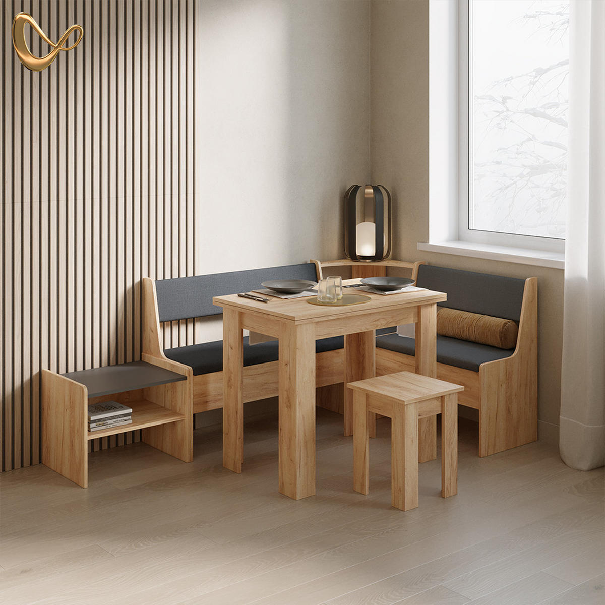 ECKBANKGRUPPE Tiberio Goldkraft Eiche 150 x 120 cm mit Tisch - Honigeiche, Holzwerkstoff (150/80/120cm) - Livinity®
