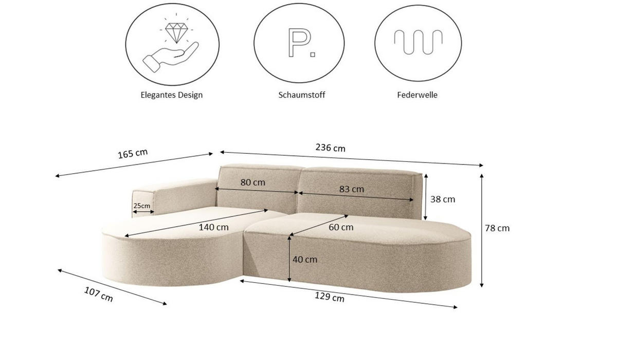 ECKSOFA Modernes L-förmiges Modena Studio Stoff Raven Champagner Links - Champagner, Holz/Textil (165/236cm) - Kaiser Möbel