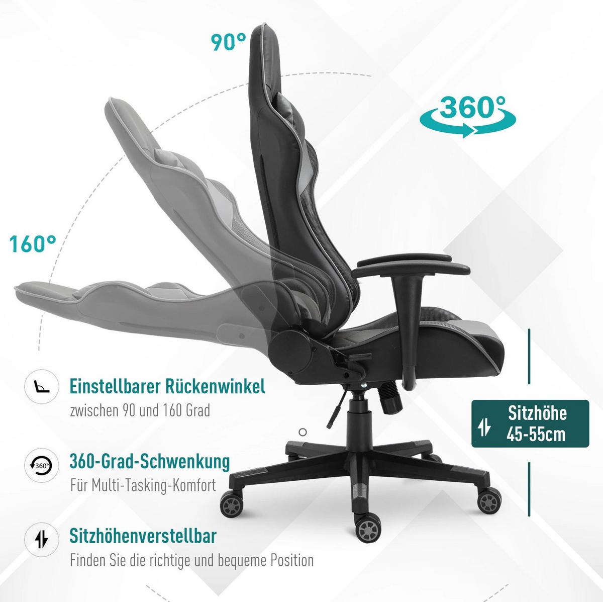 DREHSTUHL 67,5/74/126-136 cm, ergonomisch gepolstert, Bonded-Leder, bis 160° neigbar, schwarz - Schwarz, Kunststoff (74/136/67.5cm) - Redom