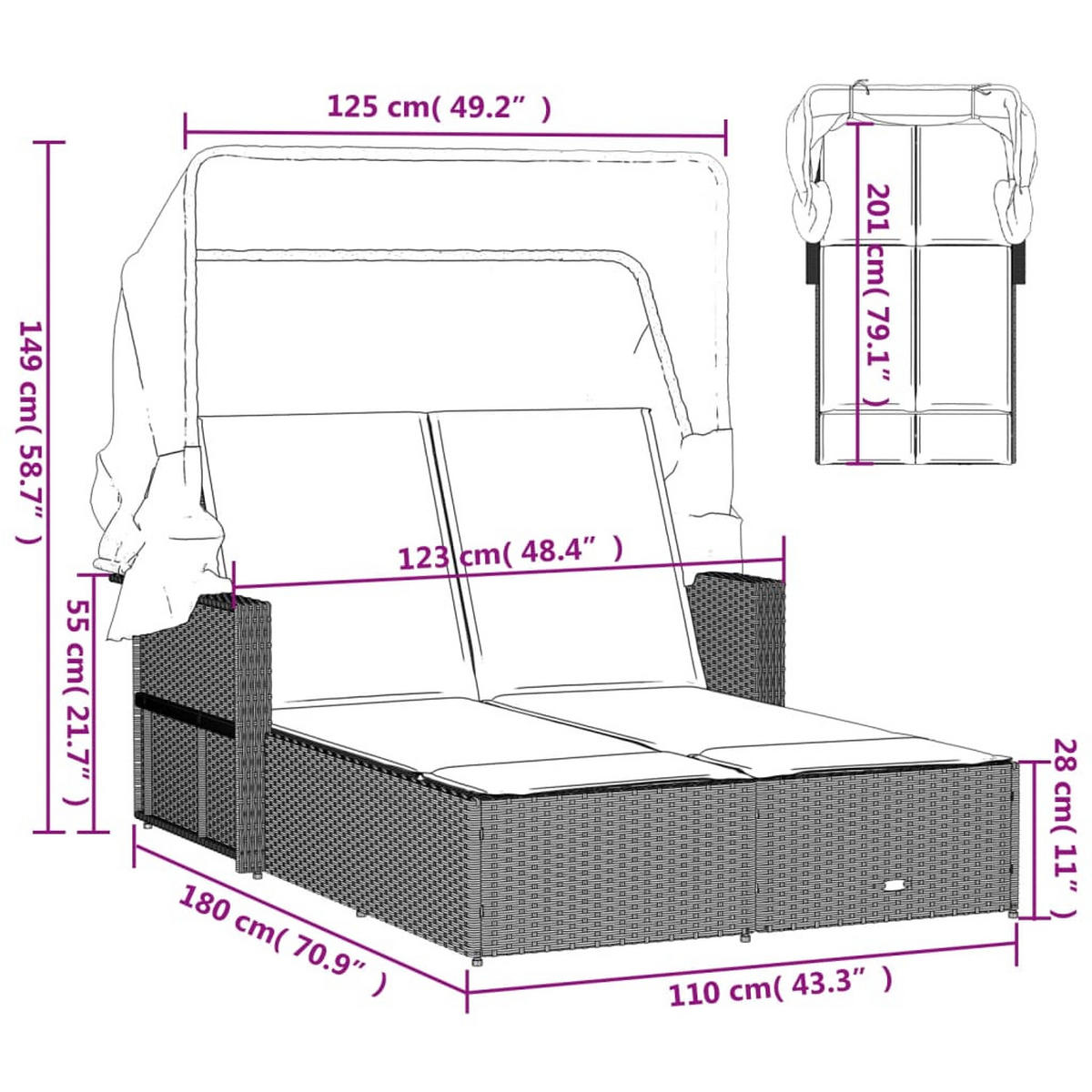 DOPPEL-SONNENLIEGE Mit Dach Und Auflagen Grau Poly Rattan - Grau, Kunststoff (110/149/201cm) - vidaXL