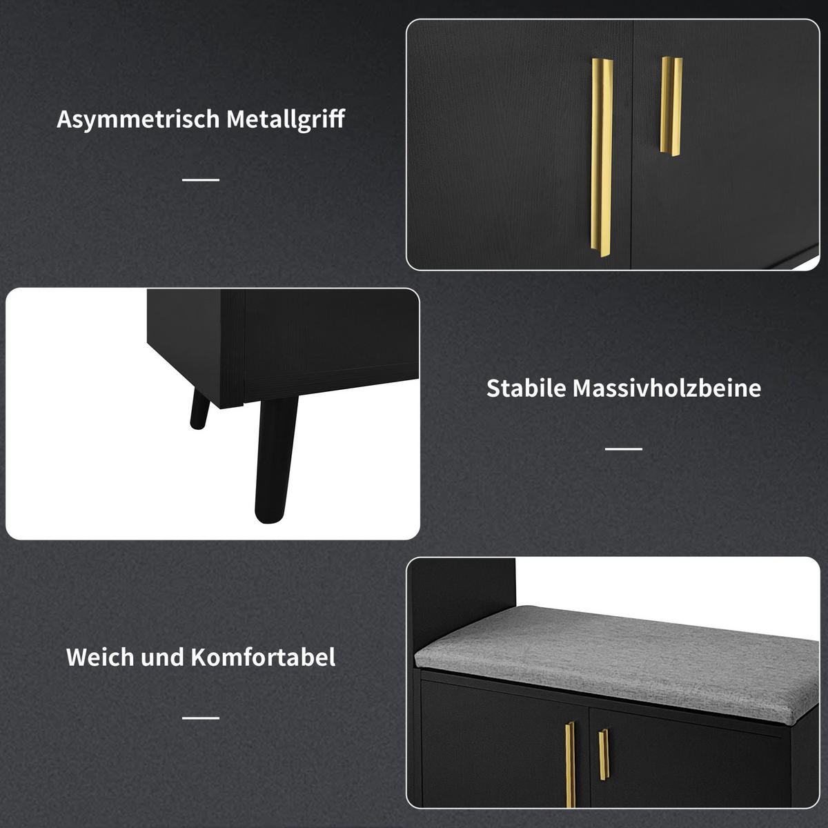 SCHUHSCHRANK 120/34/82 cm in Schwarz/Dunkelwalnuss mit gepolsterter Sitzfläche - Schwarz, Holzwerkstoff (120/82/34cm) - Flora Grace