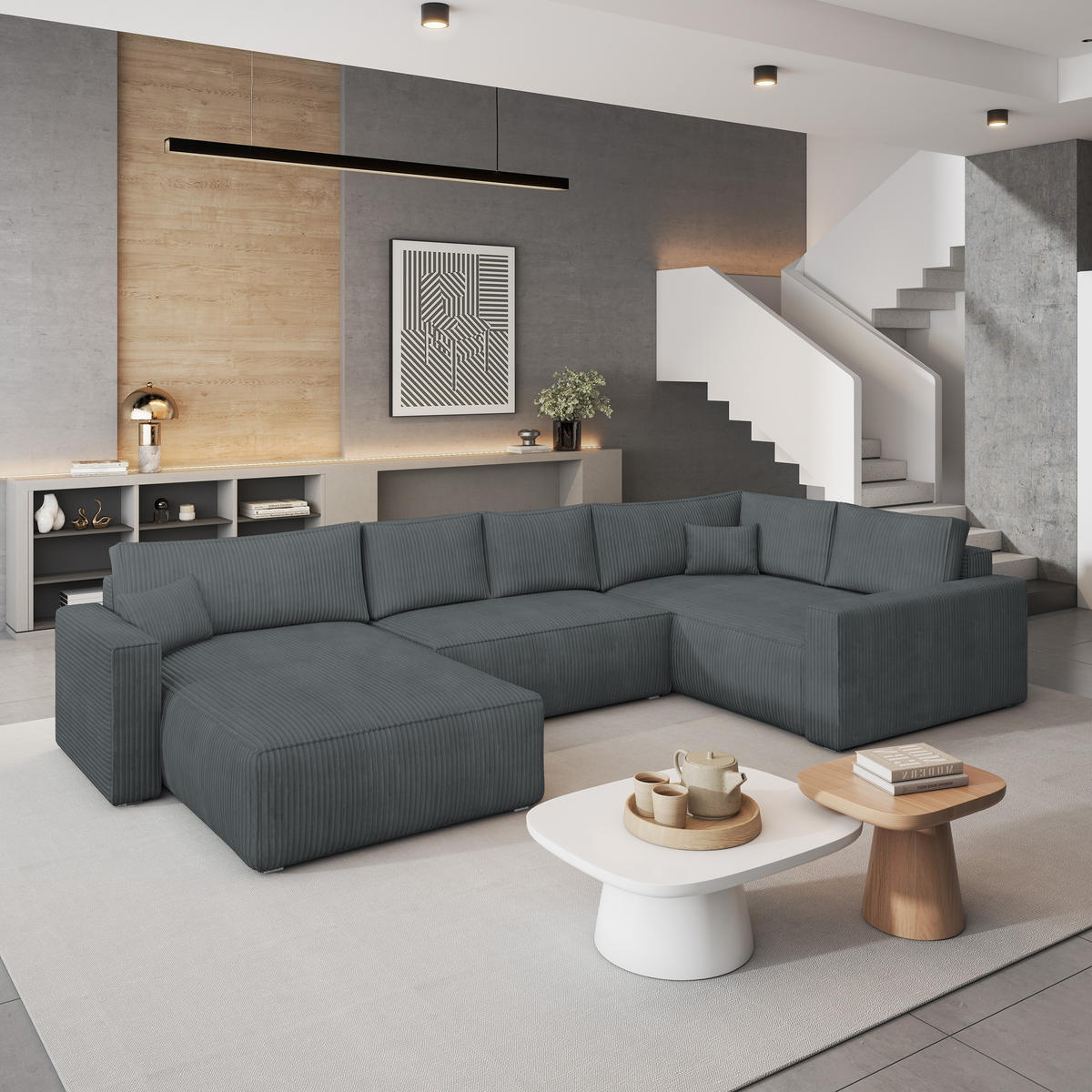 WOHNLANDSCHAFT VELAMI R-S Grau Kordstoff mit Schlaffunktion - Grau, Holz (365/83/194cm) - MASSENO