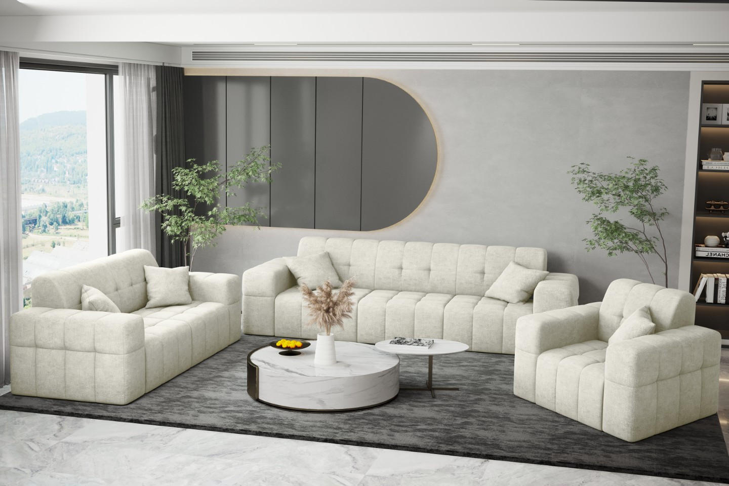 SITZGARNITUR 3+2+1 NIMES Stoff Perfect Harmony Creme - Creme, Holz/Textil (245/82/92cm) - Kaiser Möbel