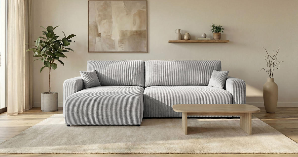 ROHOVÁ pohovka BERLIN levá šedá manšestr Poso 55 - funkce spaní, úložný prostor - šedá, textil (285/185cm) - Cornero