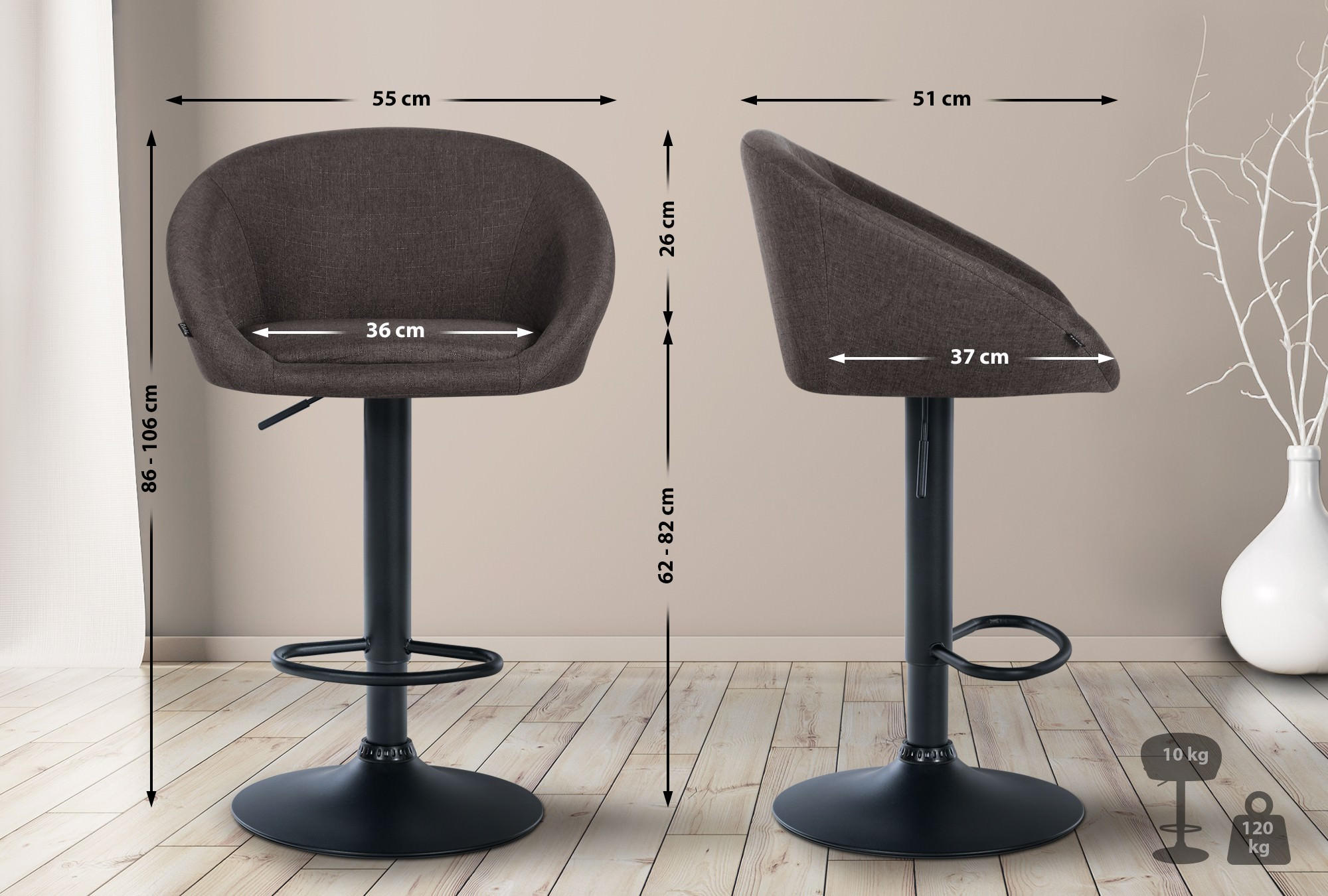 BARHOCKER OSLO Dunkelgrau Stoff Schwarz - Dunkelgrau, Textil/Metall (55/86/51cm) - DELUKE