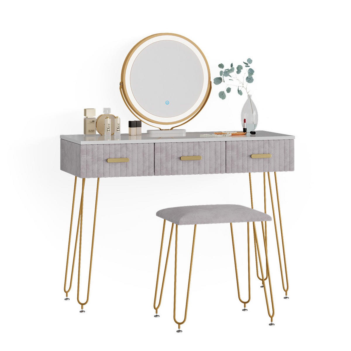 SCHMINKTISCH Layla Grau 100 cm mit LED Beleuchtung und Hocker - Grau, Holzwerkstoff (100/79/40cm) - Vicco