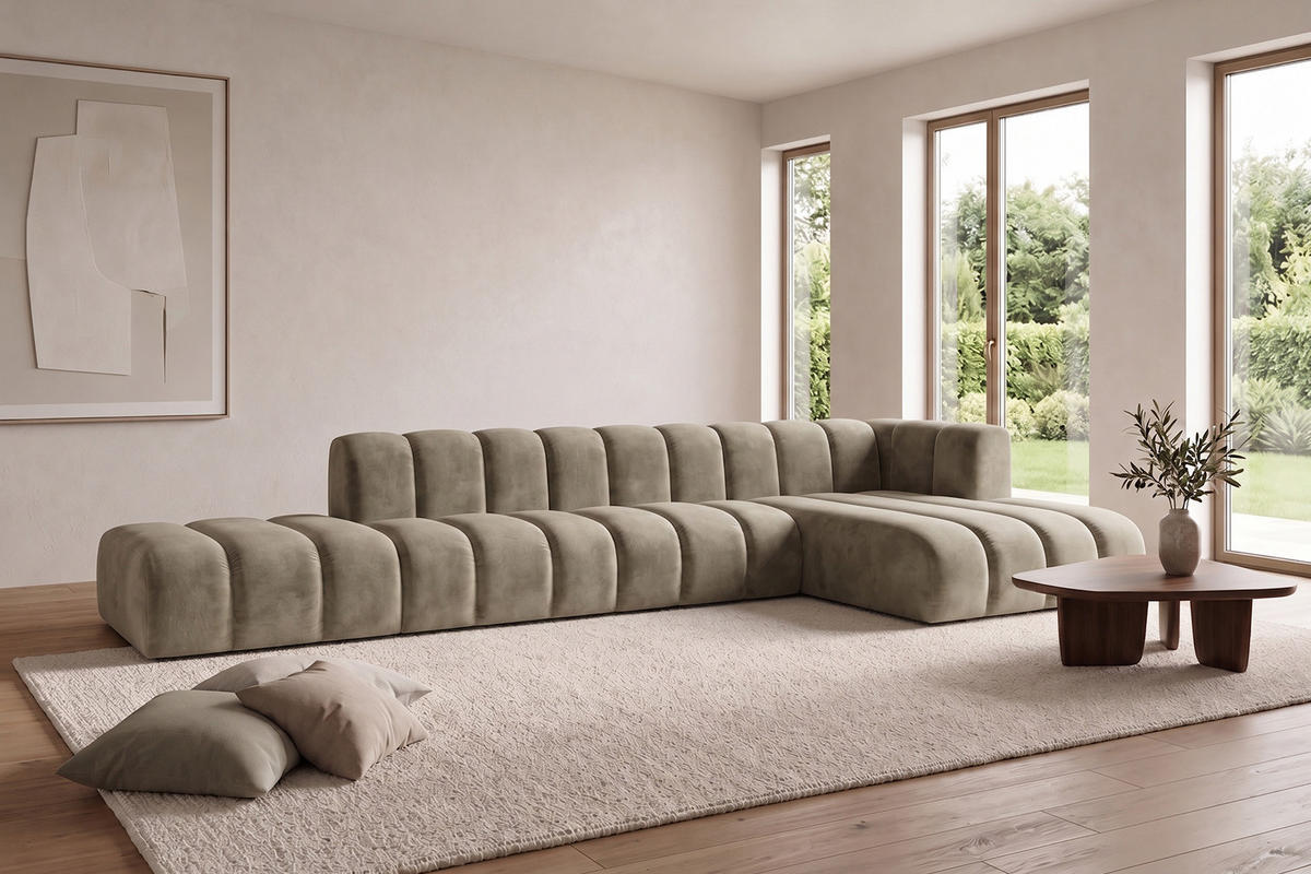 ECKSOFA Modulares In L-Form Mit Hocker, Velvet-Stoff Riviera, Beige, Rechts, GRAND - Beige, Holz (386/179cm) - Kaiser Möbel