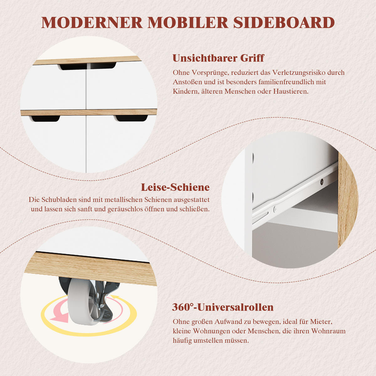 SCHRANK/SIDEBOARD 120x46x85cm Weiß mit 360°Rollen, Schubladen & Fächern - Weiß, Holzwerkstoff (120/85/46cm) - Modfu