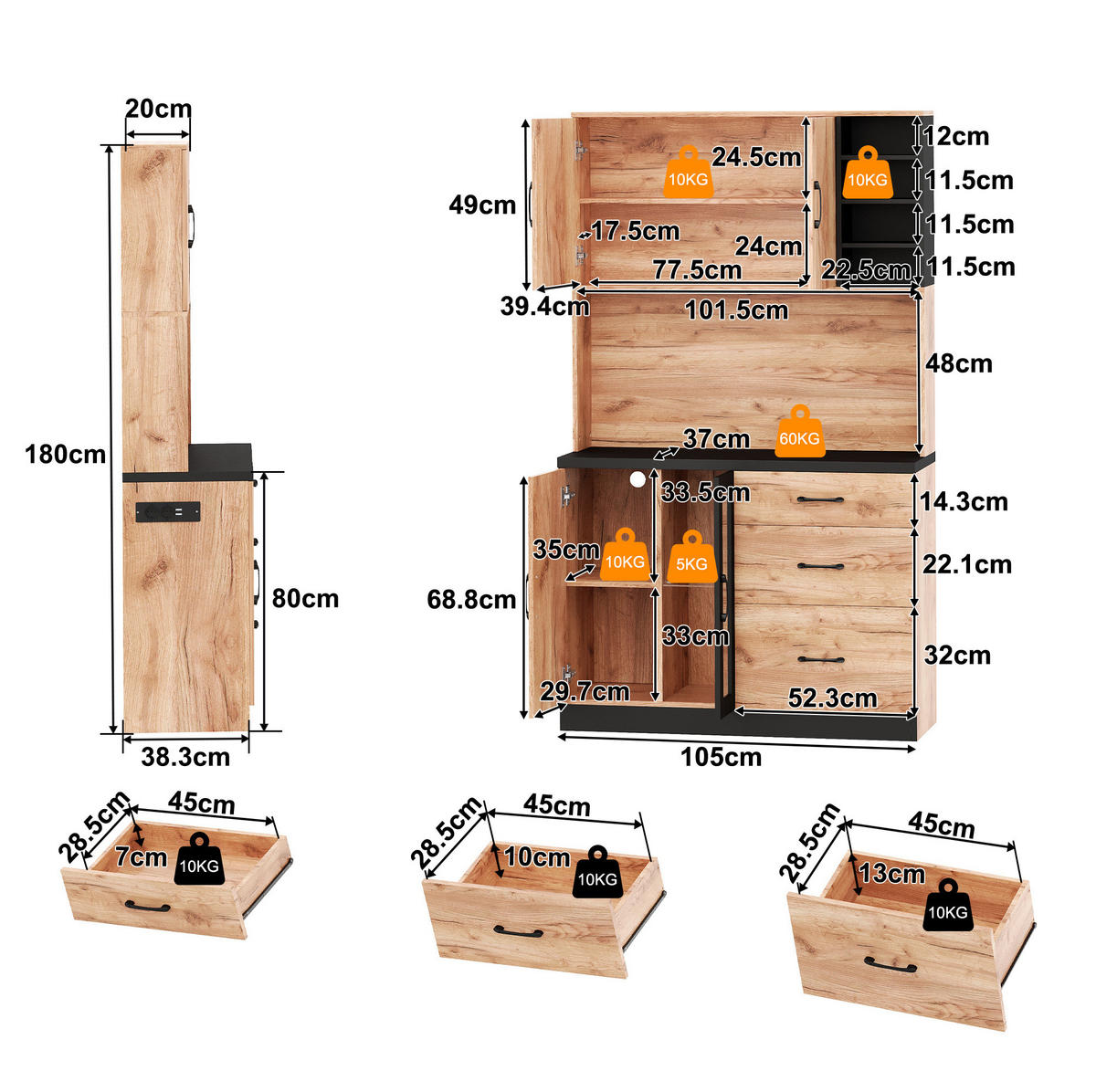 BUFFET aus MDF 105x40x180 cm Neutral mit LED-Beleuchtung, verstellbaren Einlegeböden und Steckdosenleiste - Naturfarben, Holzwerkstoff (105/180/40cm) - Modfu