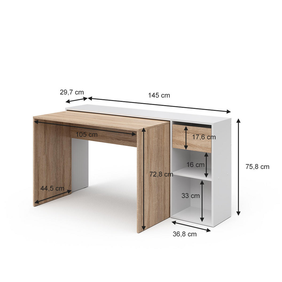 SCHREIBTISCH Ben Weiß/Sonoma 145 x 46.4 cm - Weiß/Sonoma Eiche, Holzwerkstoff (46.4/145/75.8cm) - Vicco