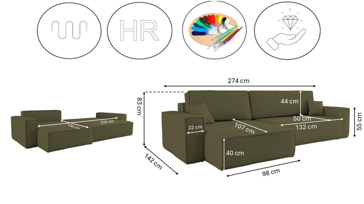 ECKSOFA Mit Schlaffunktion Und Bettkasten, Eckcouch BEST XL Stoff Quelle Olive Links - Schwarz/Olivgrün, Holz/Kunststoff (142/274cm) - Kaiser Möbel