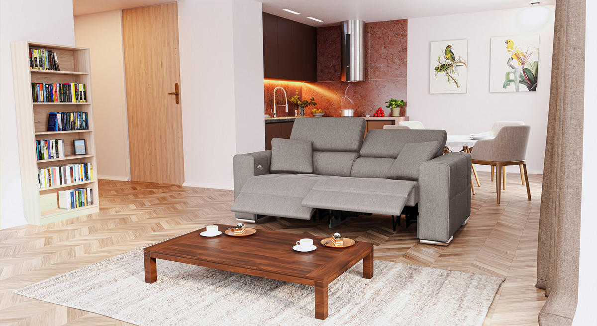 SOFA QUARTZ 3-Sitzer mit 2 Relaxfunktionen, beige - Beige/Silberfarben, Holzwerkstoff/Textil (204/80/102cm) - Courtois Laville