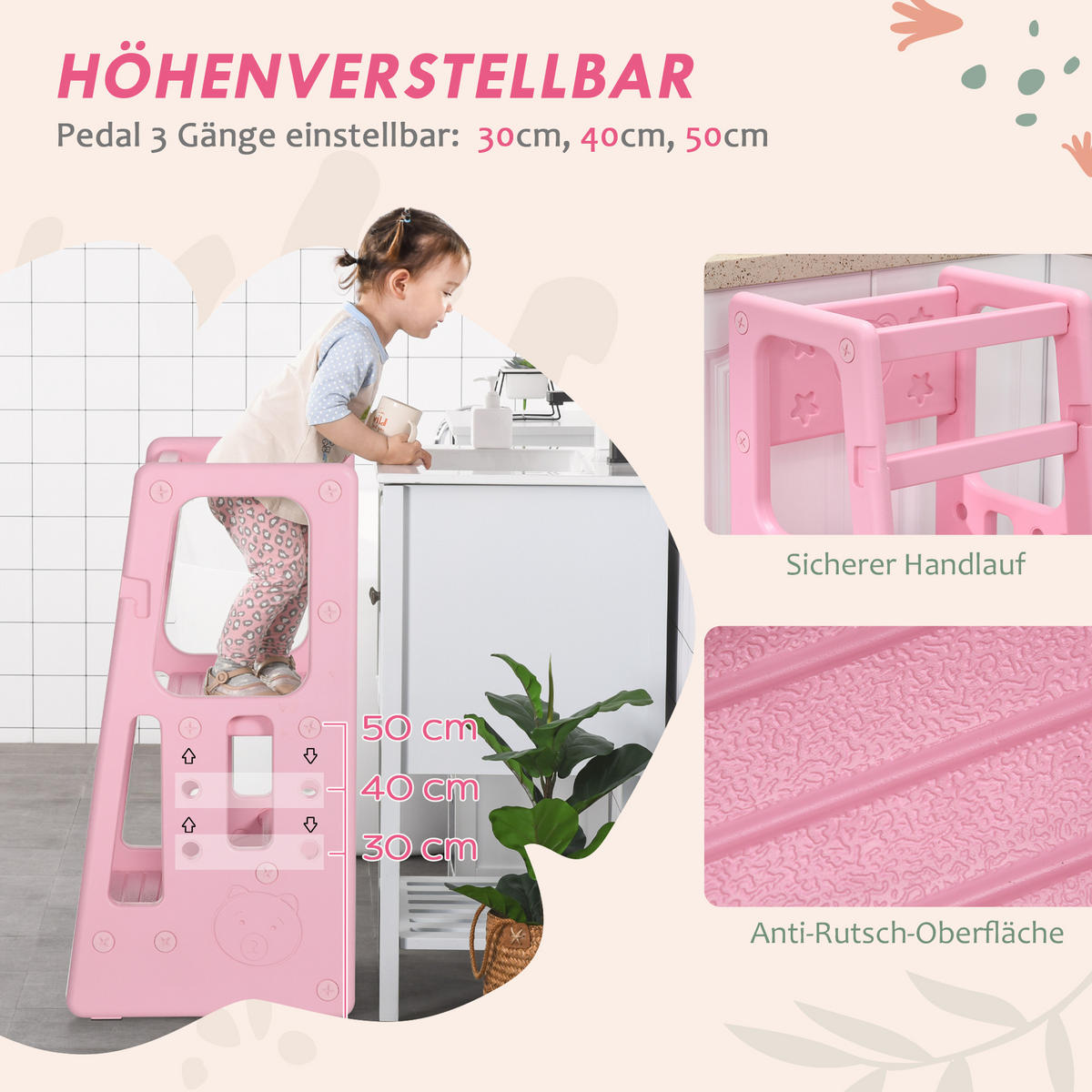 KINDER-TRITTHOCKER, Rosa, HDPE - Rosa, Kunststoff (47/90/47cm) - HOMCOM