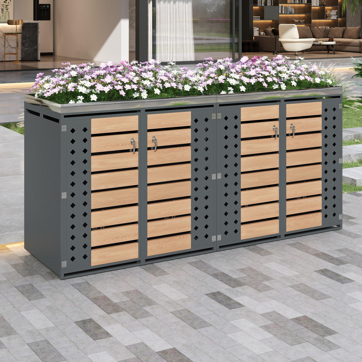 MÜLLTONNENBOX Mit Pflanztrog Holzoptik/Grau - Braun, Metall (132/108/80cm) - ComfortXL