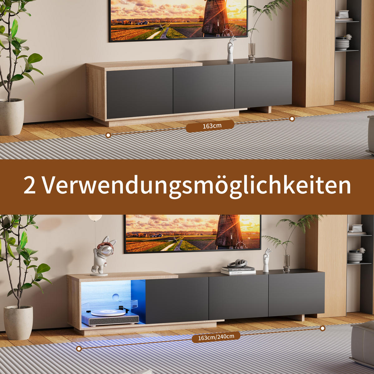 TV-SCHRANK 180 cm, schwarz, LED tricolor Sensor, Feder-Schubladen, Holz braun/schwarz - Schwarz, Holz (240/44/38cm) - EuroLiving