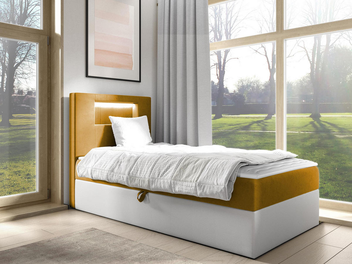 BOXBETT Gold Junior 1, Seite zum Öffnen des Bettkastens: Links - Gelb/Weiß, Holz (90/200cm) - MIRJAN24