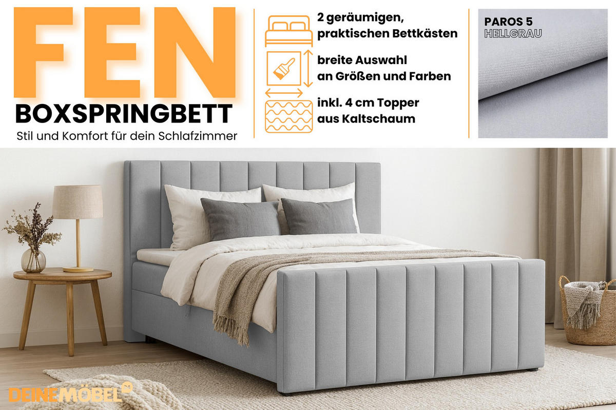 BOXBETT FEN 180/200 Velours Hellgrau mit Bonell-Federkernmatratzen H3 - Hellgrau, Holz/Holzwerkstoff (180/200cm) - Deine Möbel 24