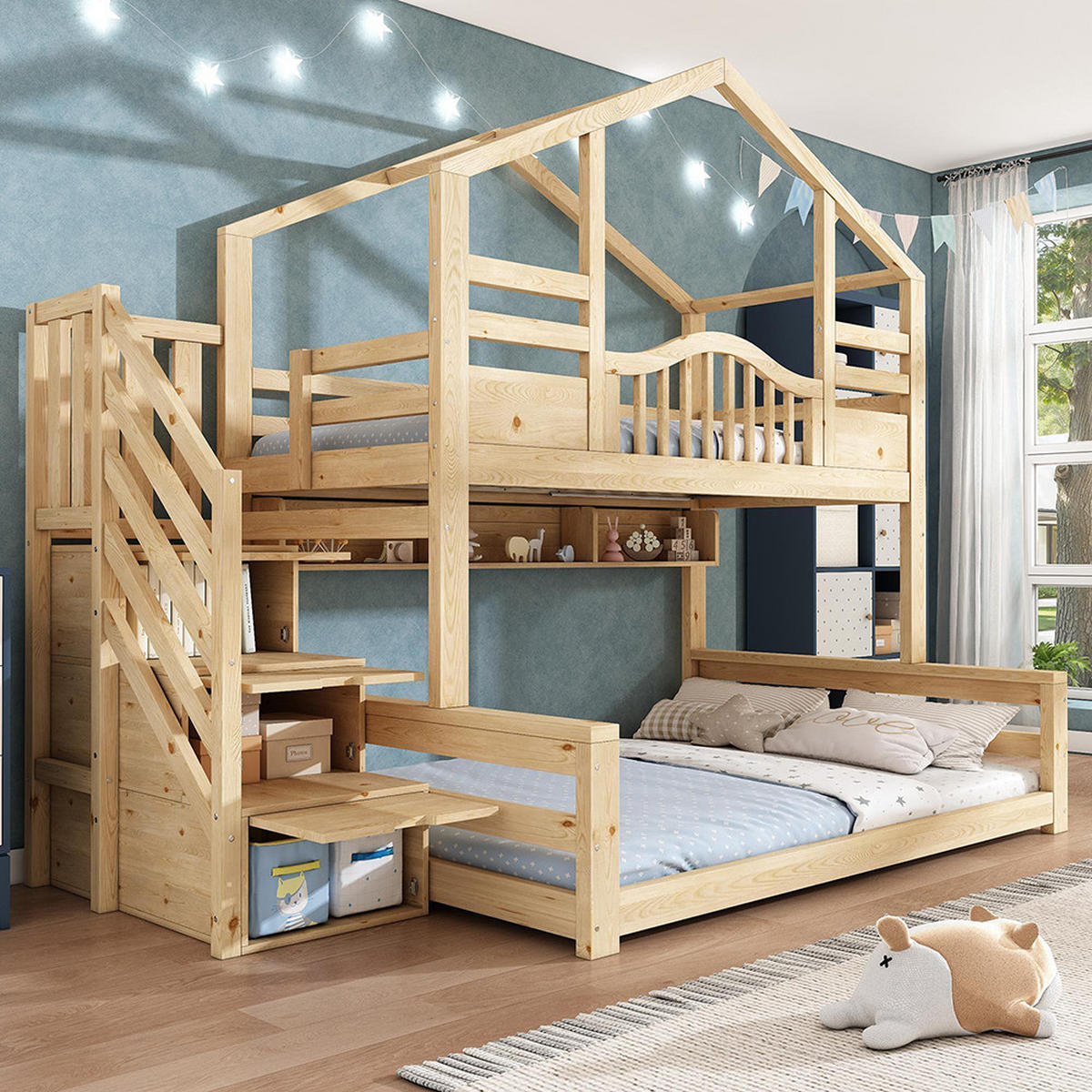 HAUSBETT 90x200 oben 140x200 unten mit Treppenschrank in Hell Natürlich - Naturfarben, Holz (140/200cm) - KOMHTOM