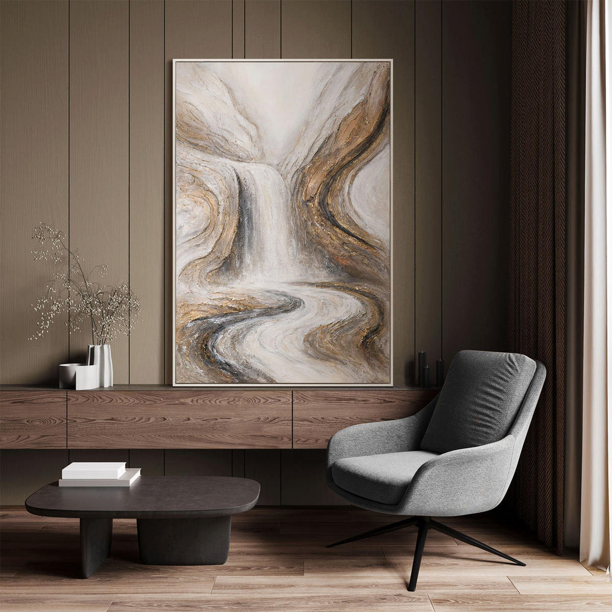 GEMÄLDE Wasserfall der Träume Schattenfugenrahmen Beige 140x100 cm - Beige, Holz (140/100cm) - YS-art gallery