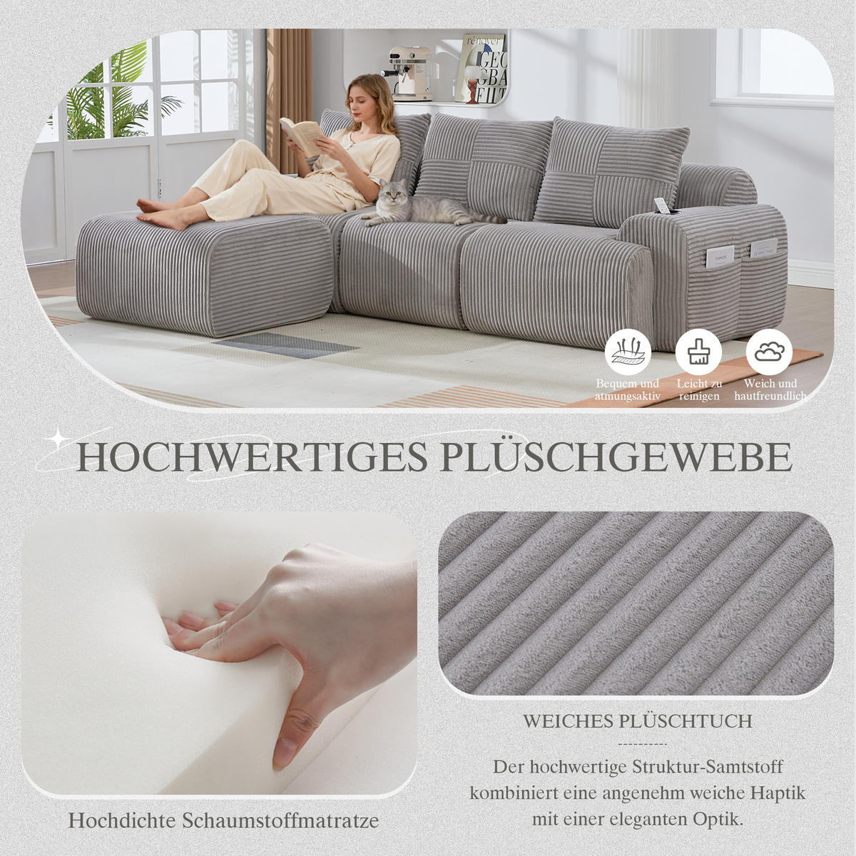 MODULARES 3-Sitzer Sofa Cordstoff mit Getränkehalter und Seitentasche 268/174/80 cm Hellgrau - Hellgrau, Textil (174/268cm) - Redom