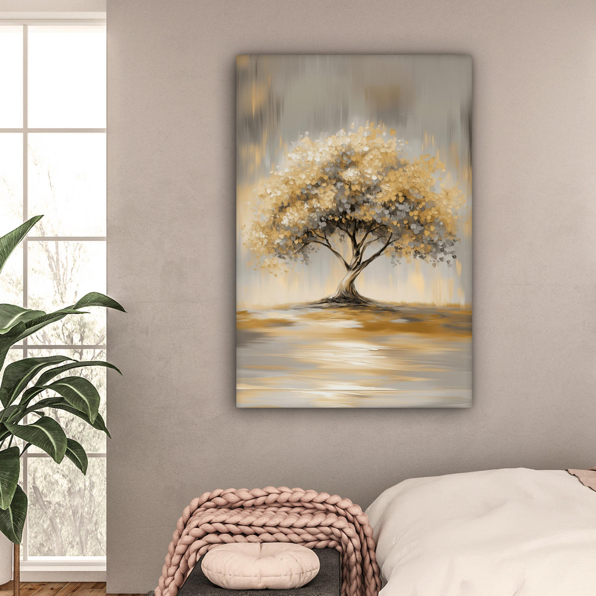 LEINWANDBILD Gemälde - Baum - Abstrakt - Blätter Deko Groß 90x140 cm - Beige, Textil (90/140cm) - MuchoWow