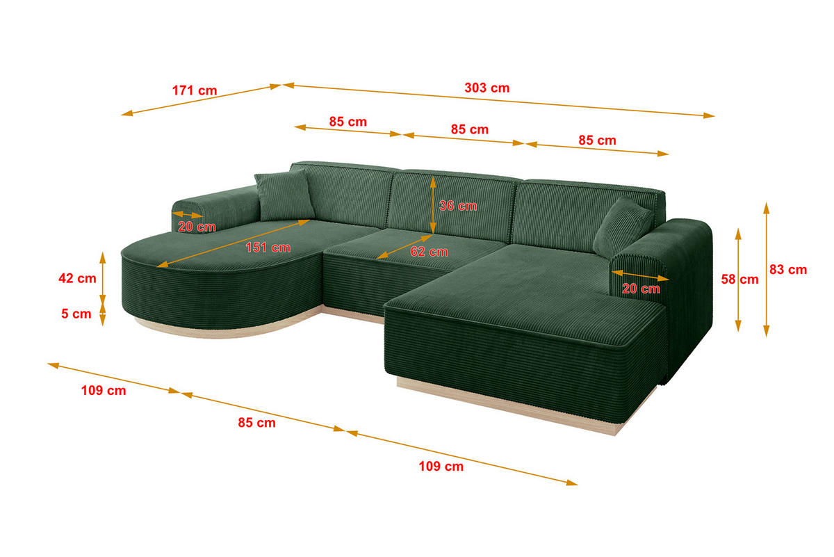 WOHNLANDSCHAFT ARRIO-U1 303x171x83 cm Grün - Grün, Holzwerkstoff/Textil (303/83/171cm) - ALTDECOR