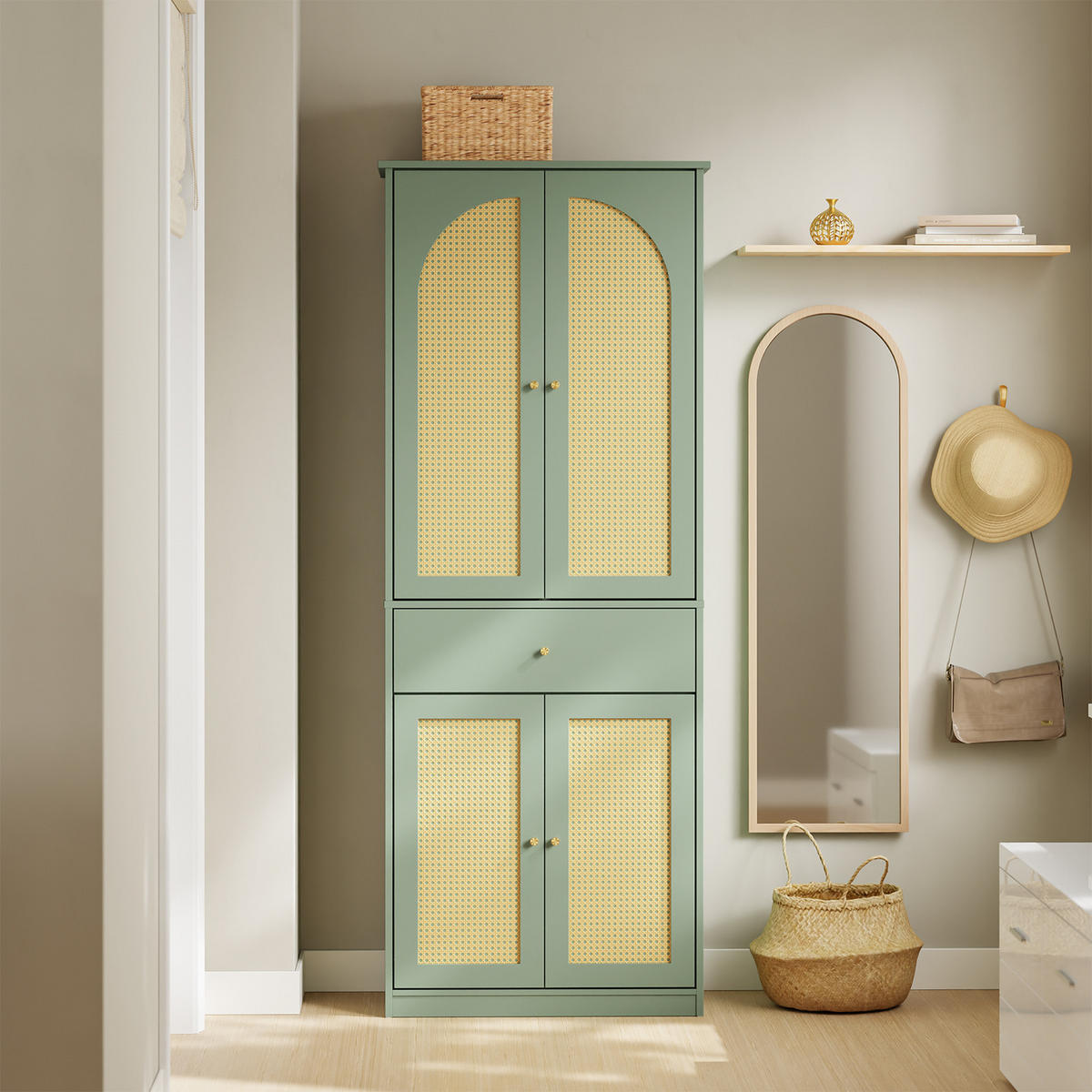 KLEIDERSCHRANK mit 4 Türen, 1 Schublade und 5 verstellbaren Böden, 70x34x180 cm - Grün, Holzwerkstoff (70/180/34cm) - SoBuy