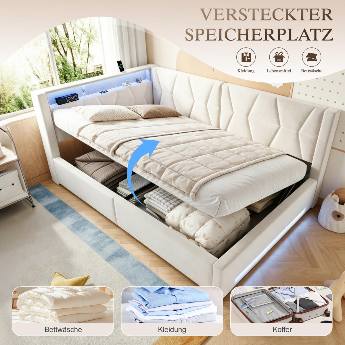 POLSTERBETT 140x200 cm in Beige mit Bettkasten, LED-Beleuchtung, USB und Type-C - Beige, Metall (140/200cm) - IVMEU