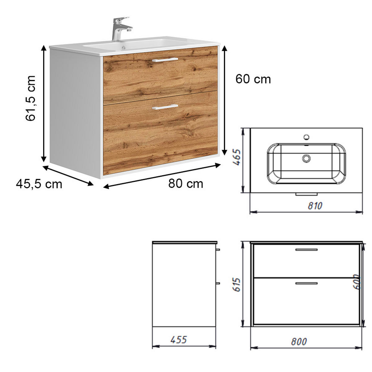 WASCHBECKENUNTERSCHRANK Lanco Weiß/Goldkraft Eiche 80 x 61.5 cm mit Waschbecken - Honigeiche/Weiß, Holzwerkstoff (80/61.5/45.5cm) - Vicco