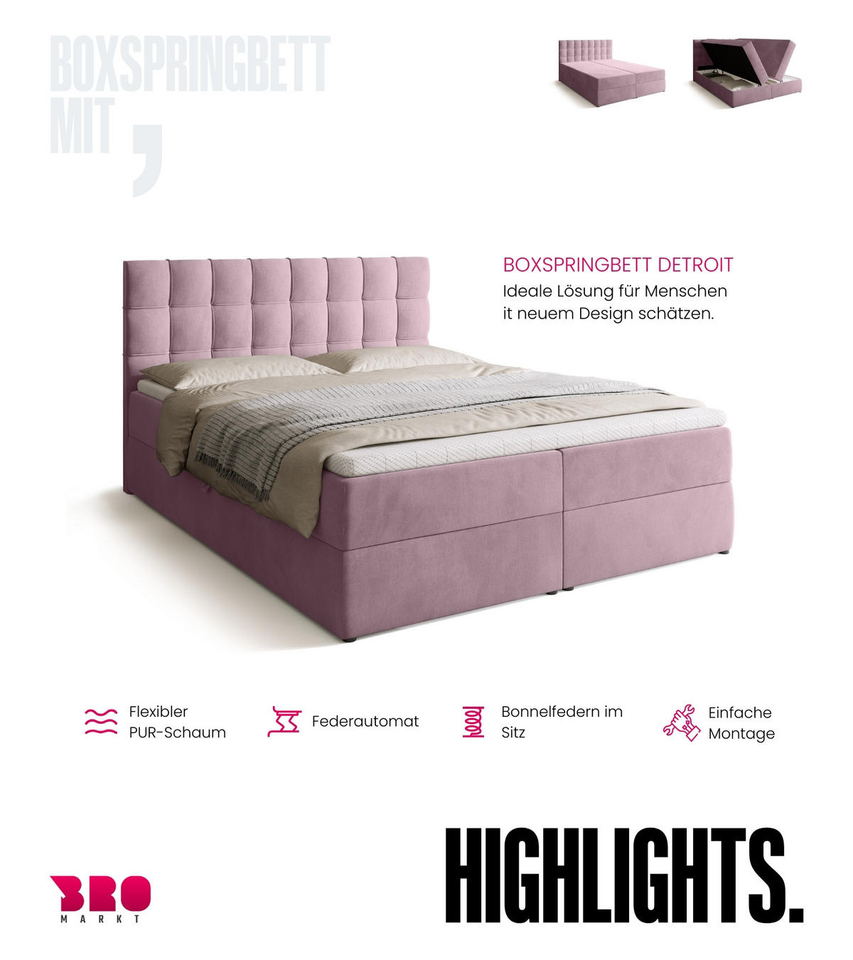 BOXBETT Detroit mit Topper 160/200 Rosa - Rosa, Holzwerkstoff/Textil (160/200cm) - Bromarkt