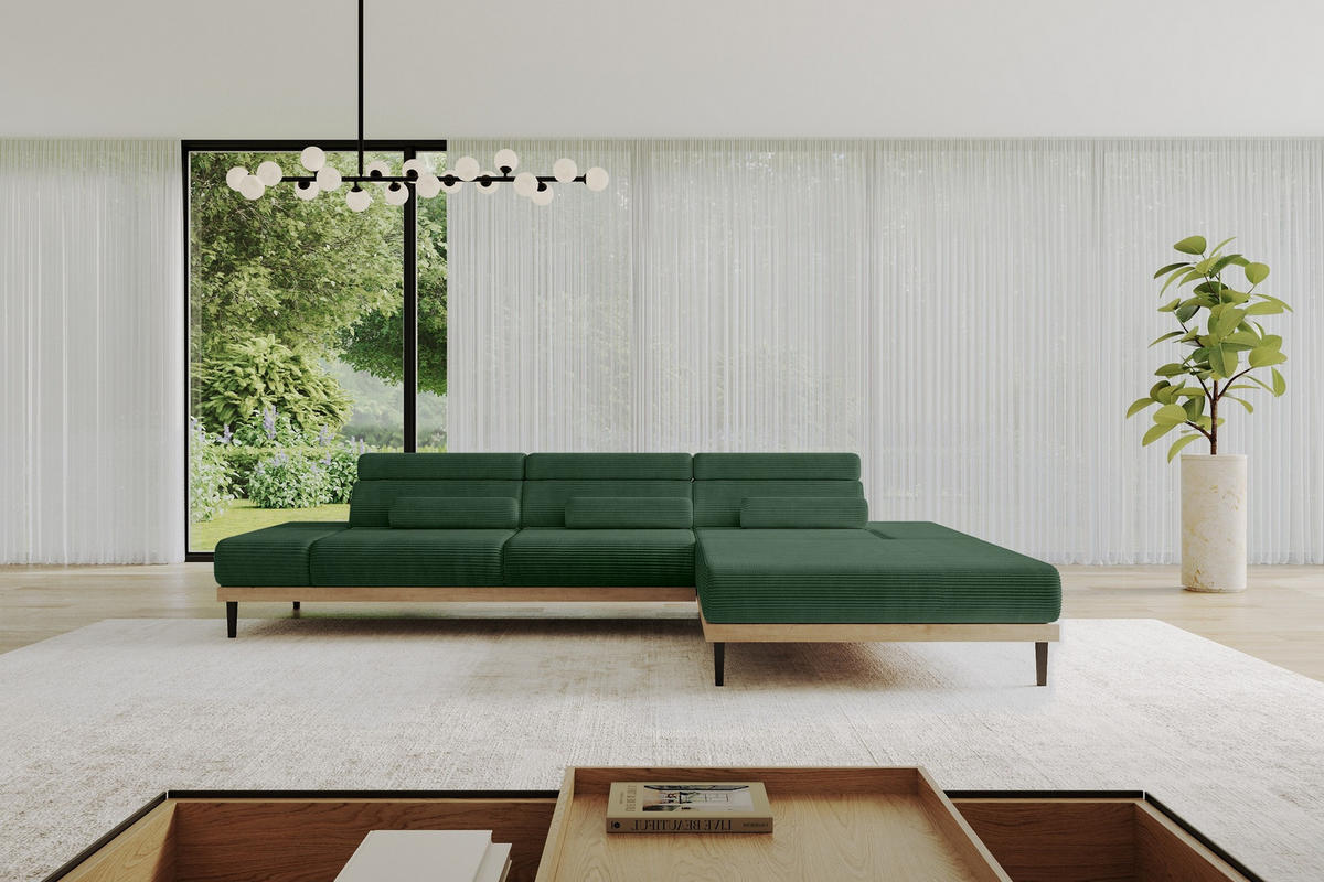 ELEKTRISCHES ECKSOFA Rechts MONA 316x205x85 Grün Cord - Salbeigrün/Grün, Holzwerkstoff/Textil (316/205cm) - ALTDECOR