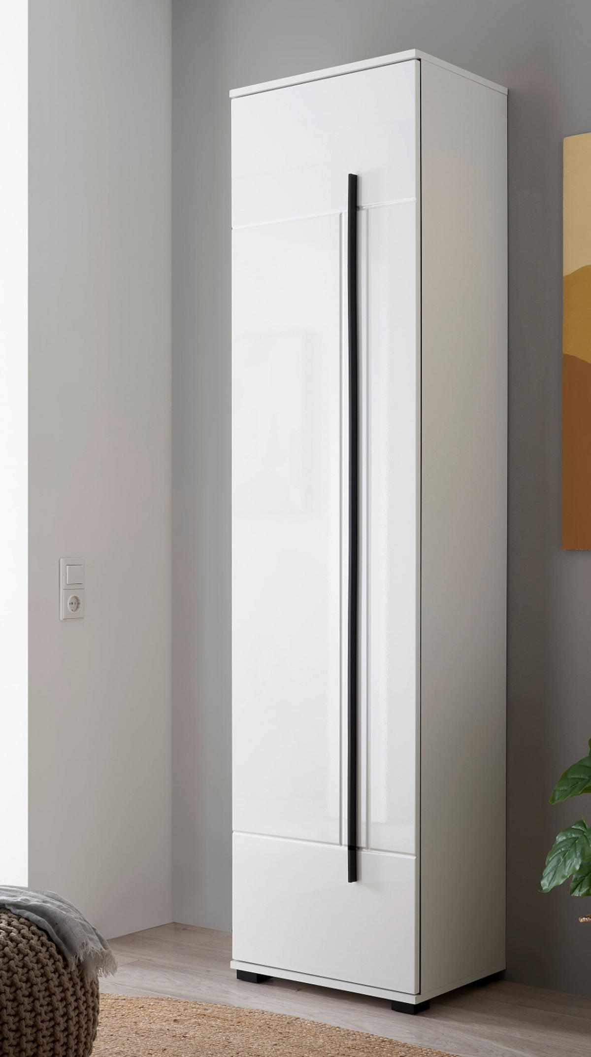 SCHUHSCHRANK weiß Hochglanz 50 x 200 cm, Stauraumschrank mit 6 Fächern - Weiß Hochglanz/Schwarz, Holzwerkstoff/Kunststoff (50/200/39cm) - Furn.Design