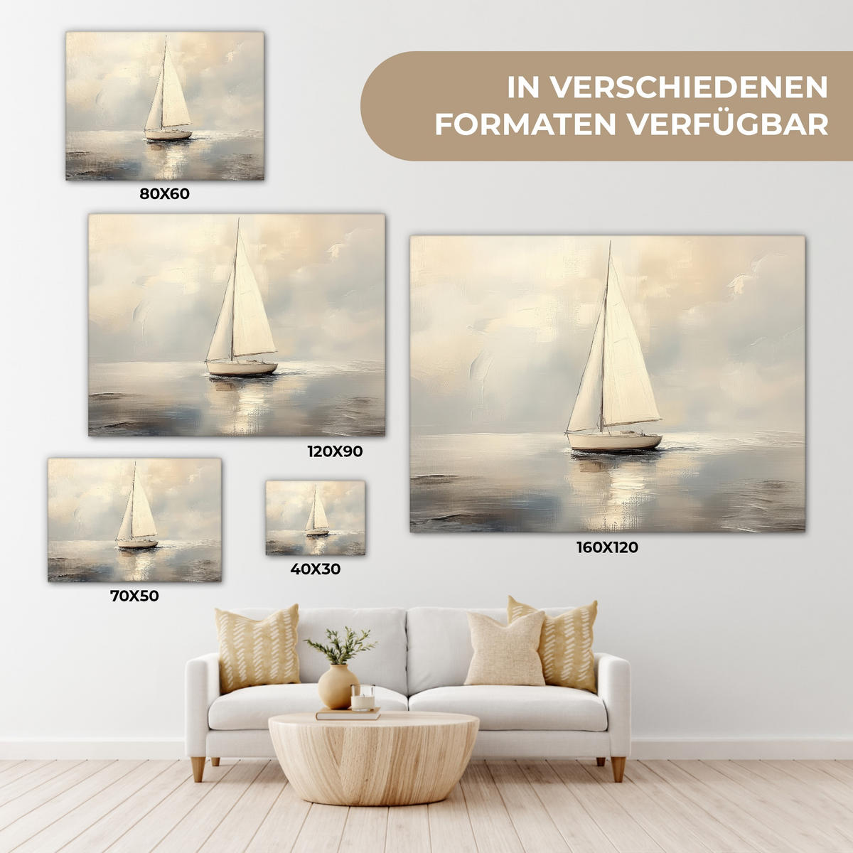 LEINWANDBILD Segelschiff - Meer - Bewölkt Wandbilder 80x60 cm - Creme, Textil (80/60cm) - MuchoWow