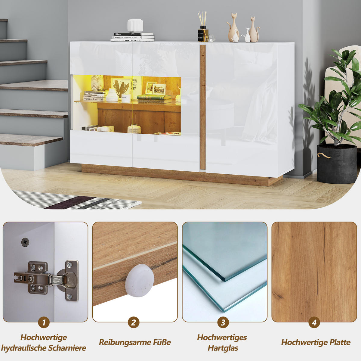 SIDEBOARD 138/38,5/90,5 cm aus Spanplatte und Glas mit 3 Türen, LED-Beleuchtung und Hochglanzfront, Weiß - Weiß, Holzwerkstoff (138/90.5/38cm) - Redom