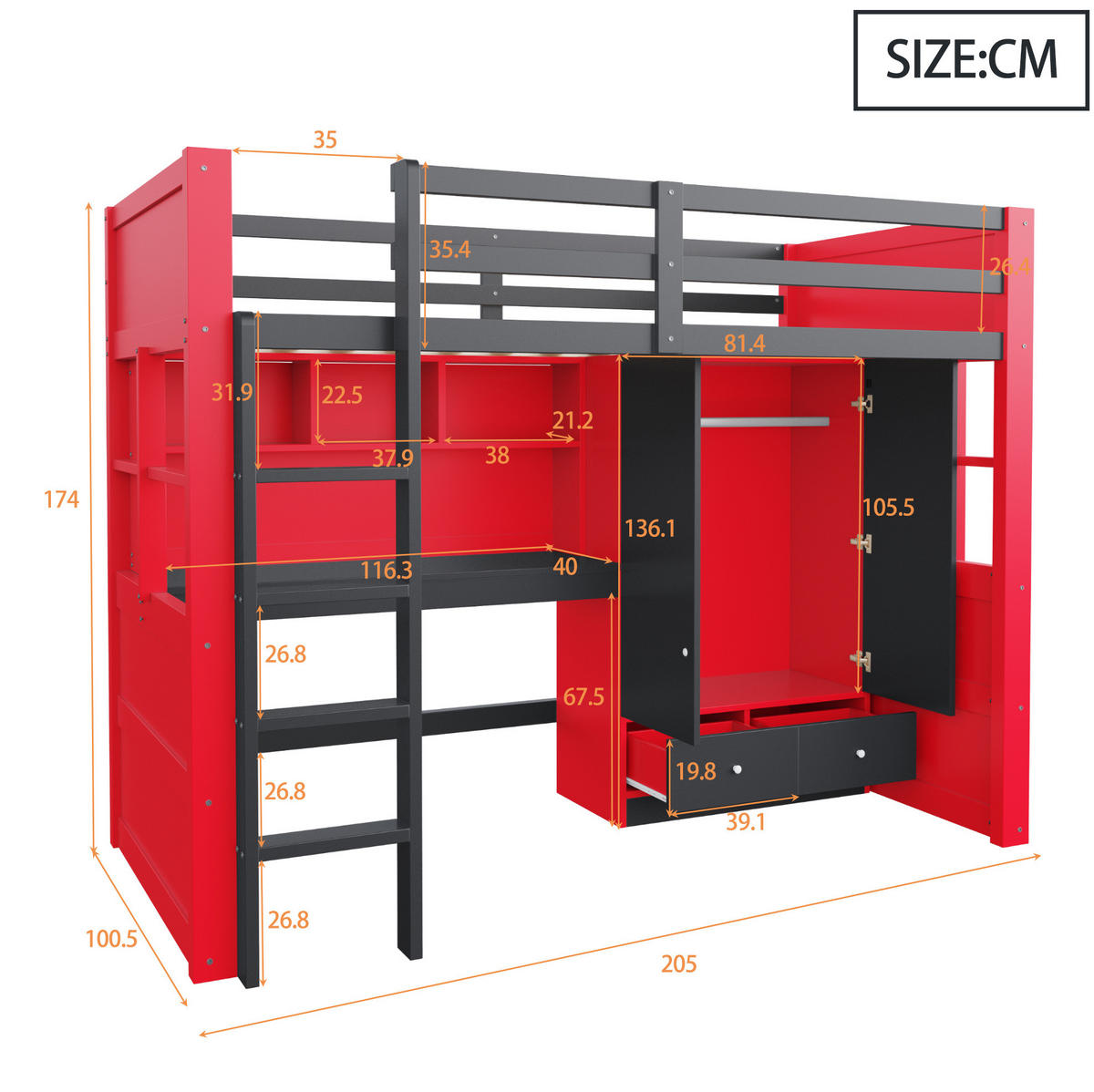 HOCHBETT 90/200 cm aus Holz mit Schreibtisch, Stauraum, Leiter, Schwarz Rot - Rot, Holz (90/200cm) - OKMYHOME