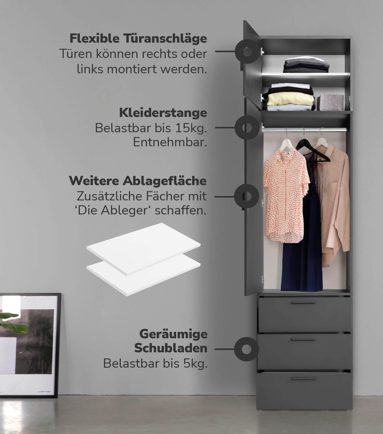 KLEIDERSCHRANK Der Grenzenlose - Anthrazit, Holzwerkstoff (60/234/58cm) - Mokebo