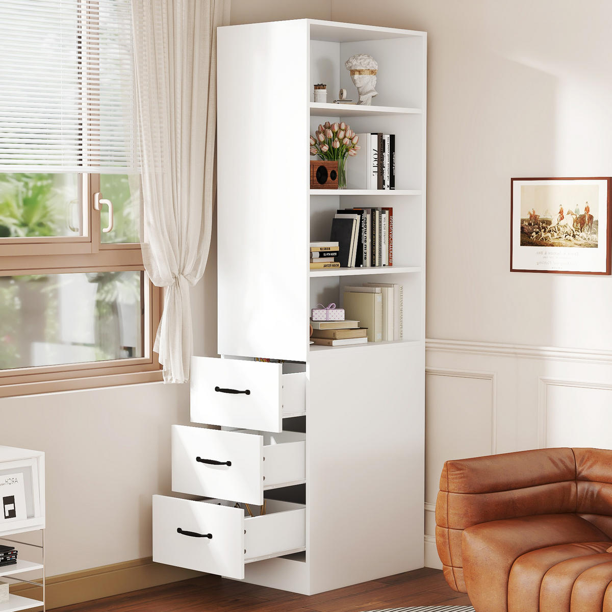 BÜCHERREGAL 180cm schmal Schubladen verstellbar modern - Weiß, Holzwerkstoff (60/180/38cm) - FLIEKS