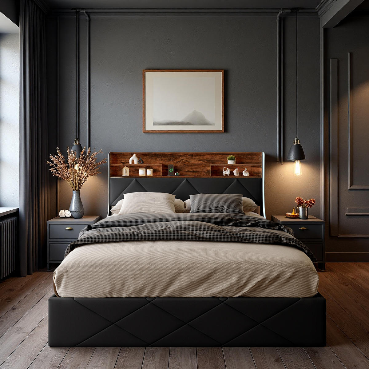 POLSTERBETT 140x200 cm LED USB Stauraum Lattenrost PU Leder schwarz - Schwarz, Holz (140/200cm) - LEBENLANG
