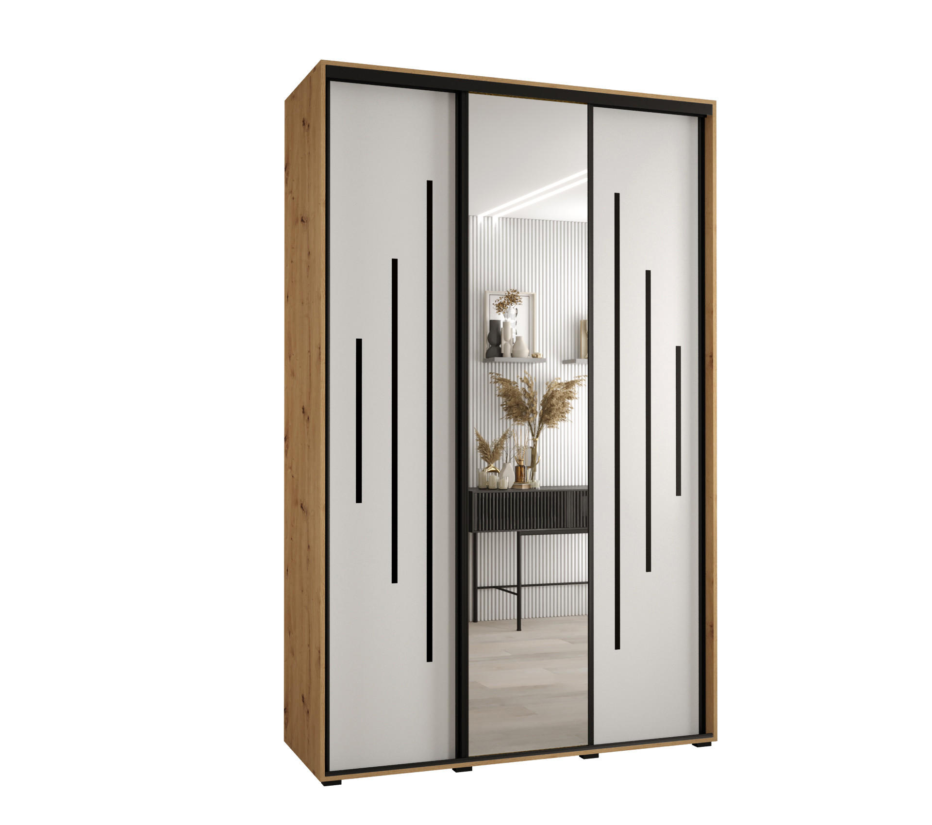 Abiks Möbel Schwebetürenschrank Eiche Artisan, Weiß, Schwarz 150x235x60 cm