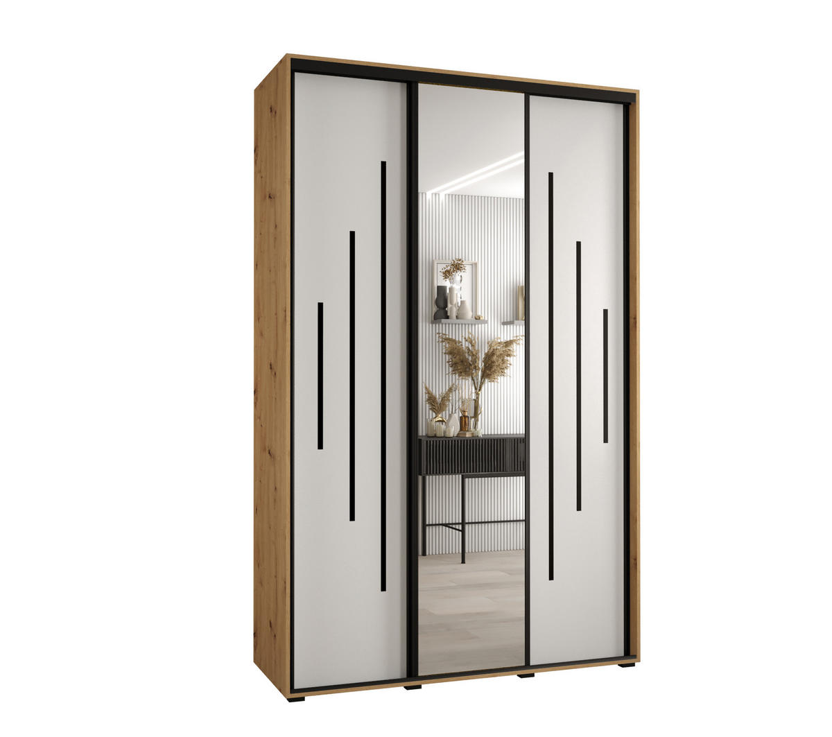 SCHWEBETÜRENSCHRANK 235,2/150/60 3-türig - Schwarz/Weiß, Holz/Metall (150/235/60cm) - Abiks Möbel