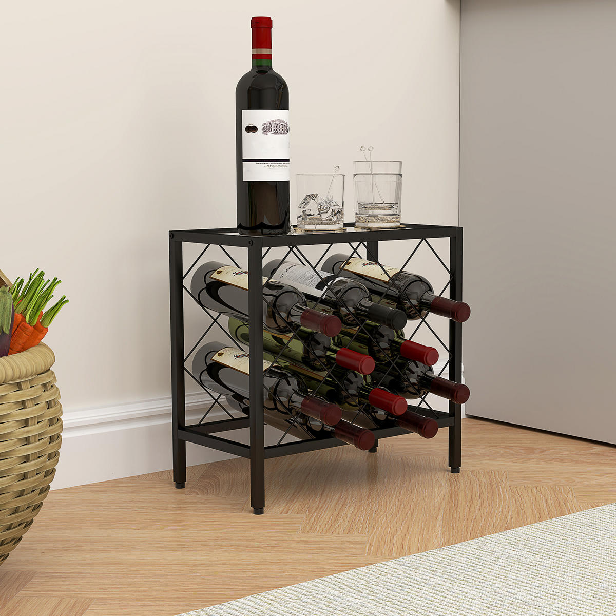 WEINREGAL, schwarzer Stahl, 10 Flaschen, Glasplatte, 41x22x41cm - Multicolor, Metall (41/41/22cm) - FORIOUS