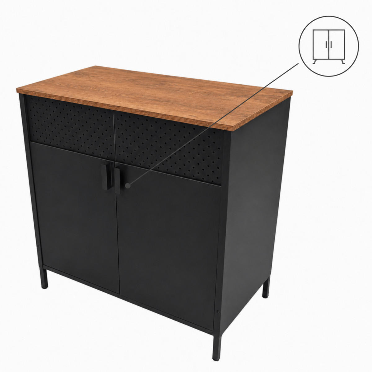 KOMMODE – Metall – Holzoptik – 2 Türen – höhenverstellbarer Einlegeboden – 80x40x84 cm - Dunkelbraun/Schwarz, Holzwerkstoff/Metall (80/84/40cm) - Begryf